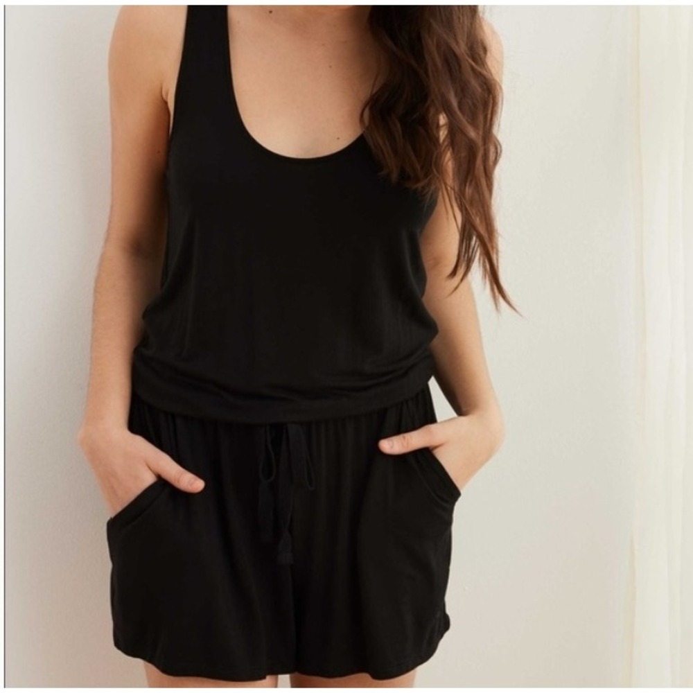 Aerie Black Racerback Jersey Romper‎ Playsuit Tie Waist Pockets XS